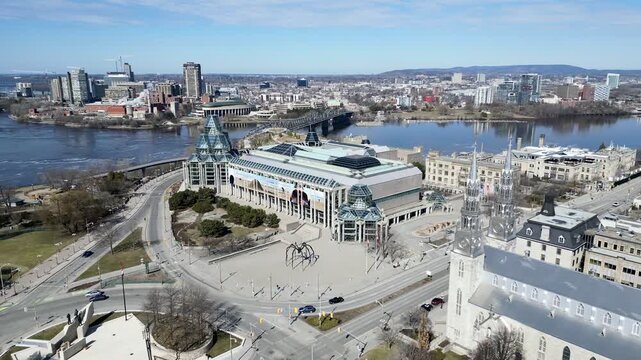 Aerial view of the capital Parliament under reconstruction, the skyline of downtown Ottawa..