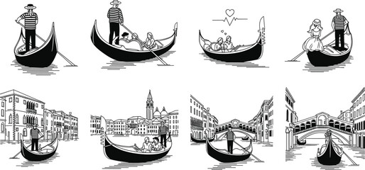 Venice gondola scenes vector set with romantic canal boat illustrations and Italian city landmarks © Rubya