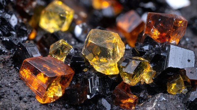 sphalerite. Golden and brown mineral crystals embedded in dark rock, sparkling in sunlight. STEM education sheets, lab safety posters, designed for STEM education and laboratory safety posters.