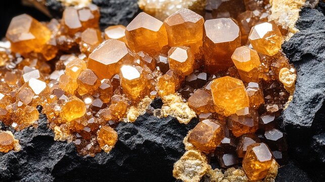 sphalerite. Golden and brown mineral crystals embedded in dark rock, sparkling in sunlight. STEM education sheets, lab safety posters, designed for STEM education and laboratory safety posters.