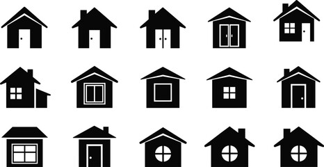 Fototapeta premium Set of black house silhouettes and residential building icons featuring various roof styles and window designs for real estate logos, architecture, and construction branding.
