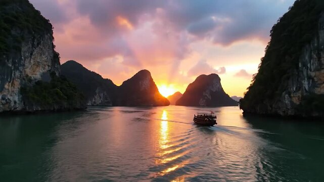 Scenic boat journey through limestone karsts at sunset