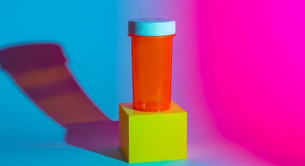 Obraz premium Orange pill bottle on a yellow cube against a vibrant blue and pink background.