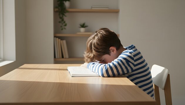 A tired boy sitting with his head down on a book at a wooden table, representing a childhood mental health concept
