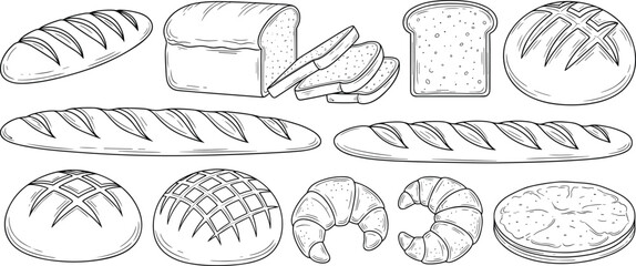 Bakery bread and pastry hand drawn vector set with baguette loaf croissant illustration