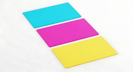 Three colorful rectangular shapes arranged diagonally on a white surface, vibrant and eye-catching.
