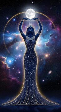 A woman in a starry dress holds the moon
