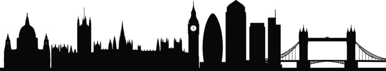 London skyline silhouette featuring Big Ben, Tower Bridge and St Pauls Cathedral, iconic United Kingdom landmark architecture travel vector illustration