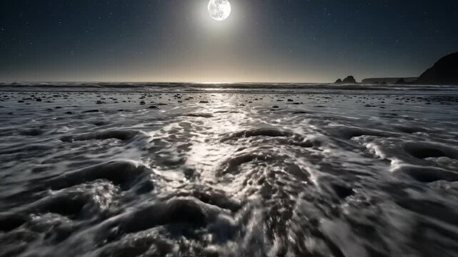 Bright moonlight reflecting on foamy ocean waves crashing onto a dark beach at night, serene natural landscape