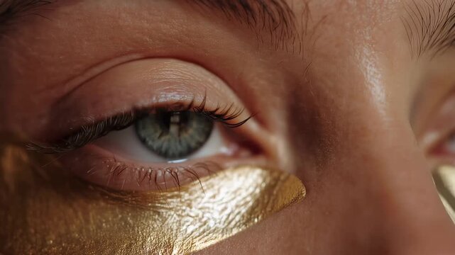 A close-up of a human eye with a golden makeup design on the eyelid.