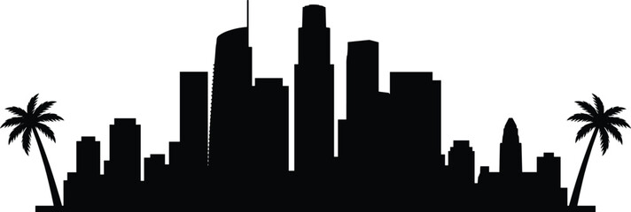 Los Angeles skyline silhouette with palm trees and downtown skyscrapers, iconic California urban cityscape travel vector illustration design