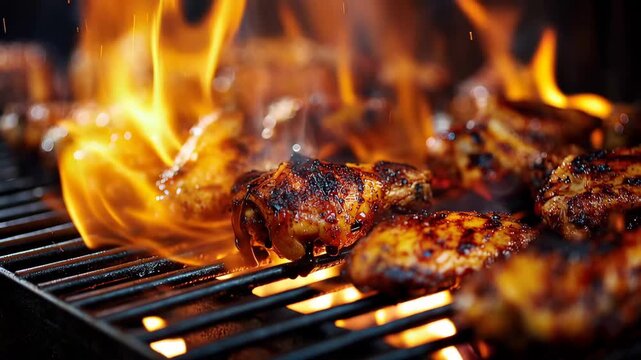 Delicious grilled chicken wings being cooked on a barbecue grill with flames.