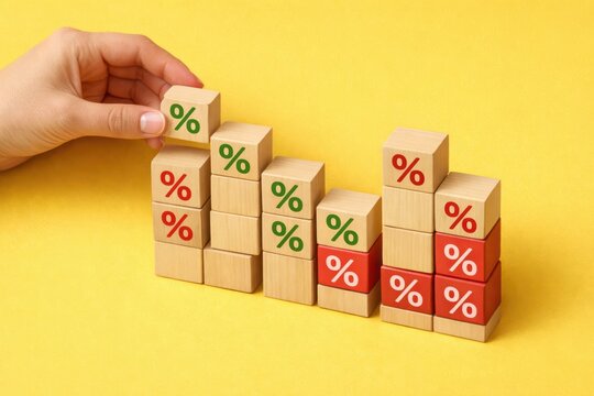 Percentage Progression: A hand carefully arranges wooden blocks marked with percentage symbols, forming ascending and descending columns.