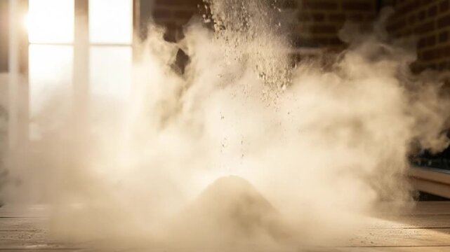 Dust explosion in an old brick room with sunlight.