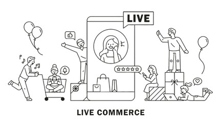 Smartphone vector illustration of live commerce shopping with happy people