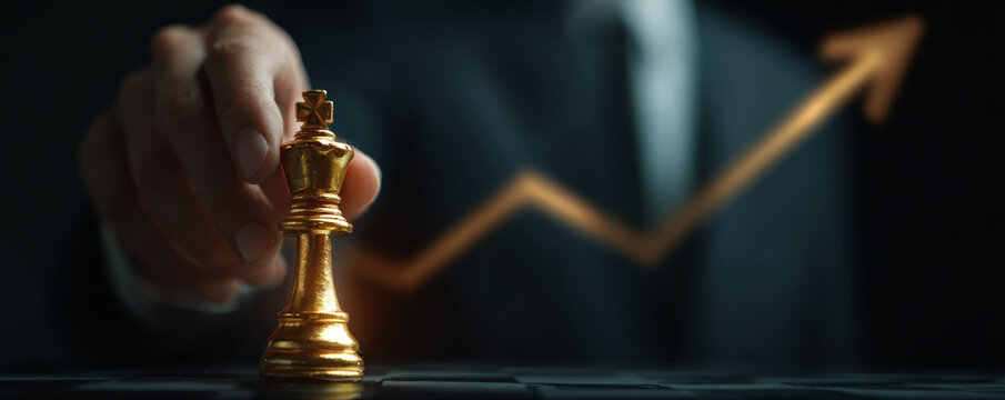 Business strategy success golden chess king, hand move piece, growth arrow concept for leadership vision goal planning ambition, dramatic lighting