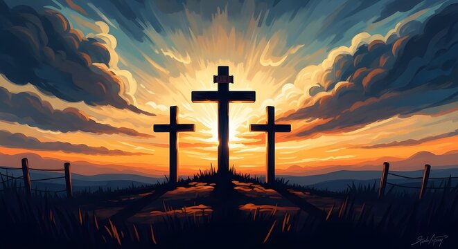 Good friday reflections crucifixion scene at sunset with three crosses