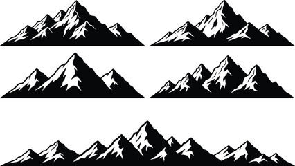 Mountain silhouette vector set with snowy peaks isolated black alpine landscape collection for nature outdoor adventure logo design branding