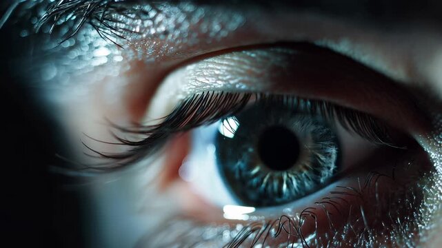 A close-up view of a human eye with a striking blue iris and white sclera