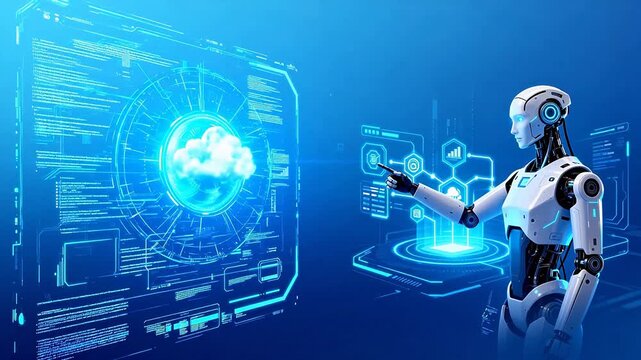Futuristic robot interacting with digital interface