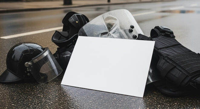 Damaged riot control gear, including a cracked helmet and shield, lies on wet asphalt with a blank sign, symbolizing the aftermath of civil unrest and the call for new dialogue or