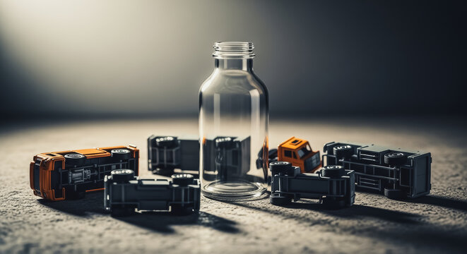 A clear glass bottle stands amidst overturned miniature trucks on a textured surface, symbolizing unforeseen disruptions and challenges faced in logistics and business operations.