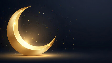 Naklejka premium Golden Crescent Moon with Sparkling Stars on Dark Night Sky Background