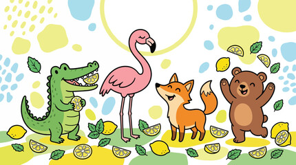 Obraz premium Cute cartoon animals smiling with lemons and mint on a playful summer background