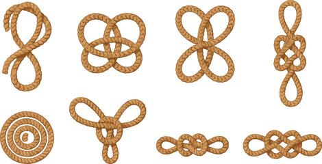 Decorative Rope Knots Collection Nautical Marine Knotted Cord Elements Set for Sailing Craft Design Flat Vector Illustration © Yousuf