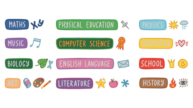 School subjects vector illustration with colorful icons and labels