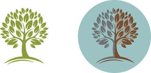 Green eco tree logo with circular badge version, nature leaf tree symbol design, environmental organic concept vector for sustainability branding