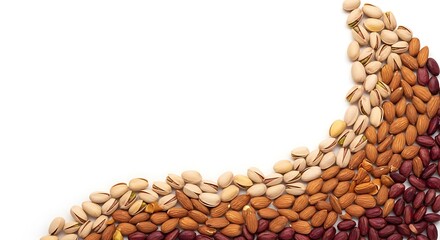 Obraz premium Assortment of various nuts arranged in a curved pattern against a white background.