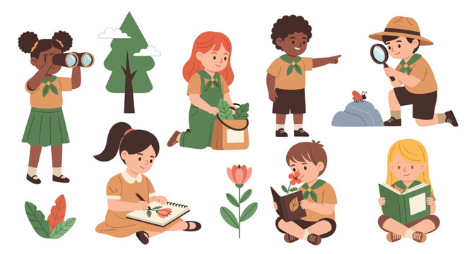 Diverse group of happy children engaged in outdoor scouting activities and nature study
