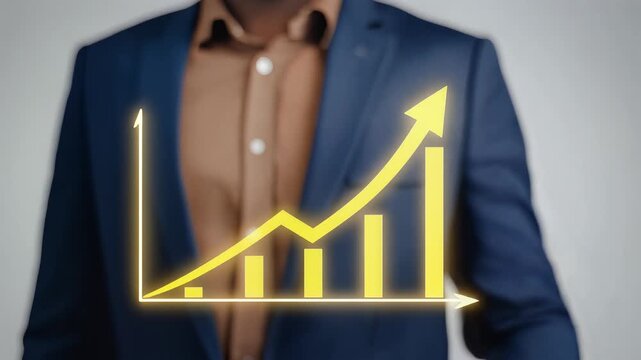 Businessman presenting upward trending graph with glowing yellow arrow, symbolizing business growth, success, and financial progress, representing corporate achievement