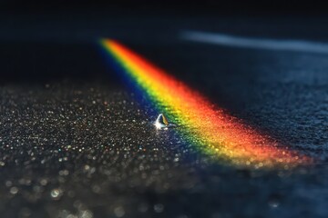 Fototapeta premium Macro shot of a water droplet refracting light into a rainbow spectrum on a dark sparkling surface