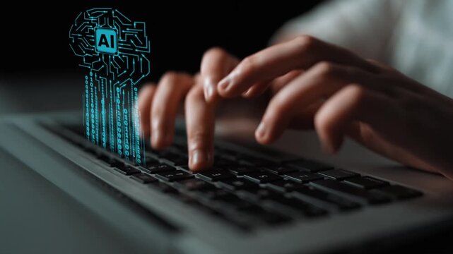 Hands typing on a laptop keyboard with artificial intelligence graphics, technology concept, digital transformation, innovation in modern computing Gluon.