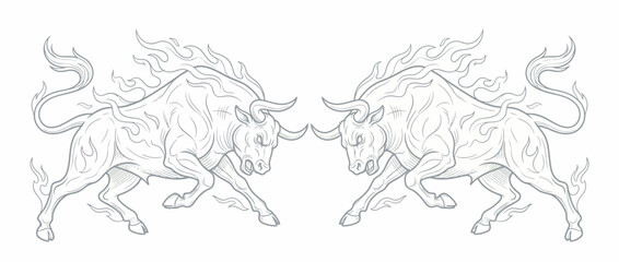 Two Powerful Charging Bulls with Flaming Manes and Tails Mirrored Line Art Illustration