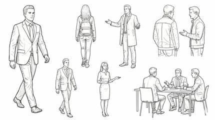 Detailed Business People Line Art Sketches Featuring Professionals Walking Standing and Meeting