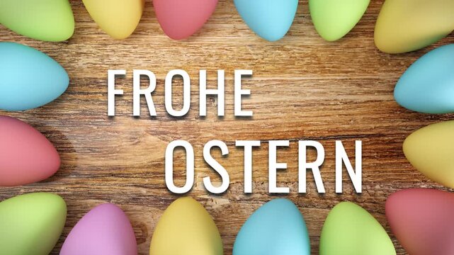 Videoanimation - 16 Pastellfarbene Ostereier auf rustikalem Holz - Frohe Ostern