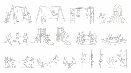 Children Playing on Playground Equipment Vector Line Art Set for Park and School Design © Dileesha