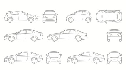 Passenger Car Silhouette Collection in Side Front Back and Top View Elevations © Dileesha