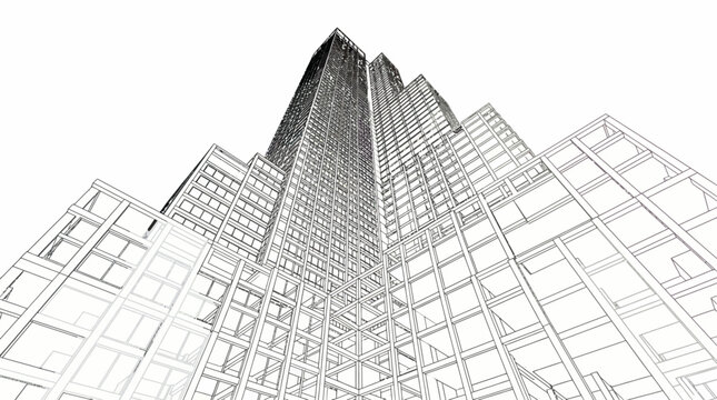 Modern Skyscraper Architecture Wireframe Drawing and 3D Urban Planning Concept