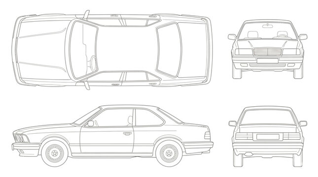 Classic Coupe and Sedan Vehicle Technical Drawing with Multi-View Elevations