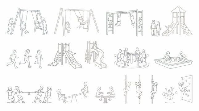 Children Playing on Playground Equipment Vector Line Art Set for Park and School Design