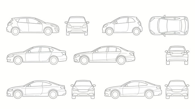 Passenger Car Silhouette Collection in Side Front Back and Top View Elevations