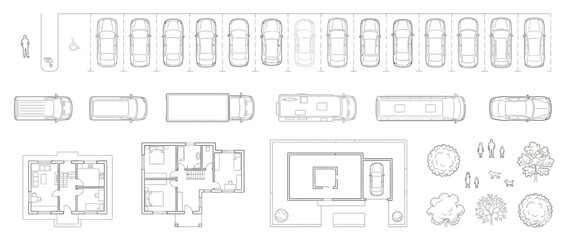 Architectural Site Plan Elements Set, Vector Residential House Layouts with Parking Lot Design and Vehicle Icons in Top View Line Art © Dileesha