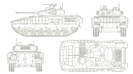 Military Armored Fighting Vehicle Technical Drawing, Multi View Blueprint of Infantry Tank with Turret and Cannon for Game Asset Design © Dileesha