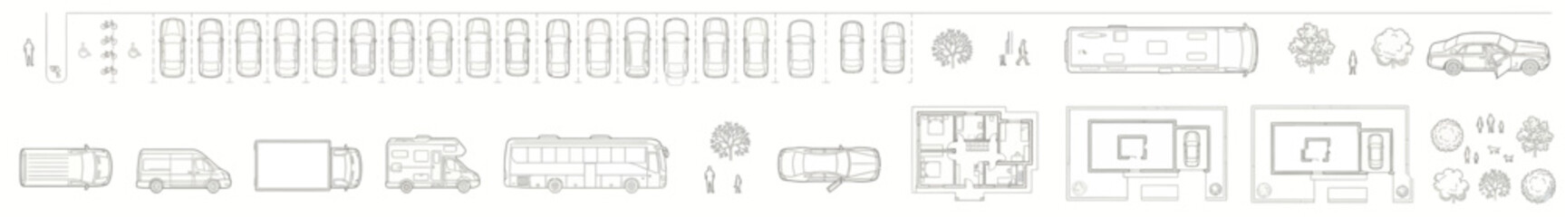 Architectural Site Plan Symbols Set, Vehicle Parking Stall Layouts and Transport Icons Line Art for Urban Planning and Landscape Design © Dileesha