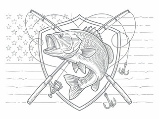 Vintage Bass Fishing Illustration with American Flag and Crossed Rods, Patriotic Fishing Tournament Emblem Line Art for Apparel and Decals