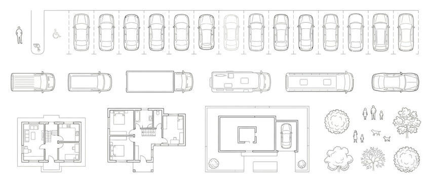Architectural Site Plan Elements Set, Vector Residential House Layouts with Parking Lot Design and Vehicle Icons in Top View Line Art
